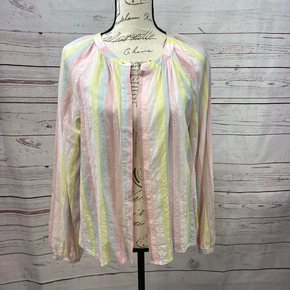 ana a new approach Pastel Striped Button Front Blouse Womens Medium Pink Yellow